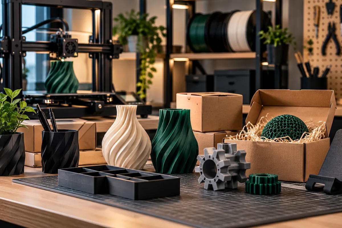 3D-gedruckte Vasen und Bauteile neben Versandkartons in einer Werkstatt